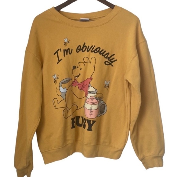 Disney - Yellow Winnie The Pooh "I'm Obviously Busy" Crewneck Sweatshirt Sz L - Picture 2 of 9